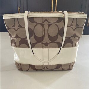 Coach Brown and White Signature Tote Bag